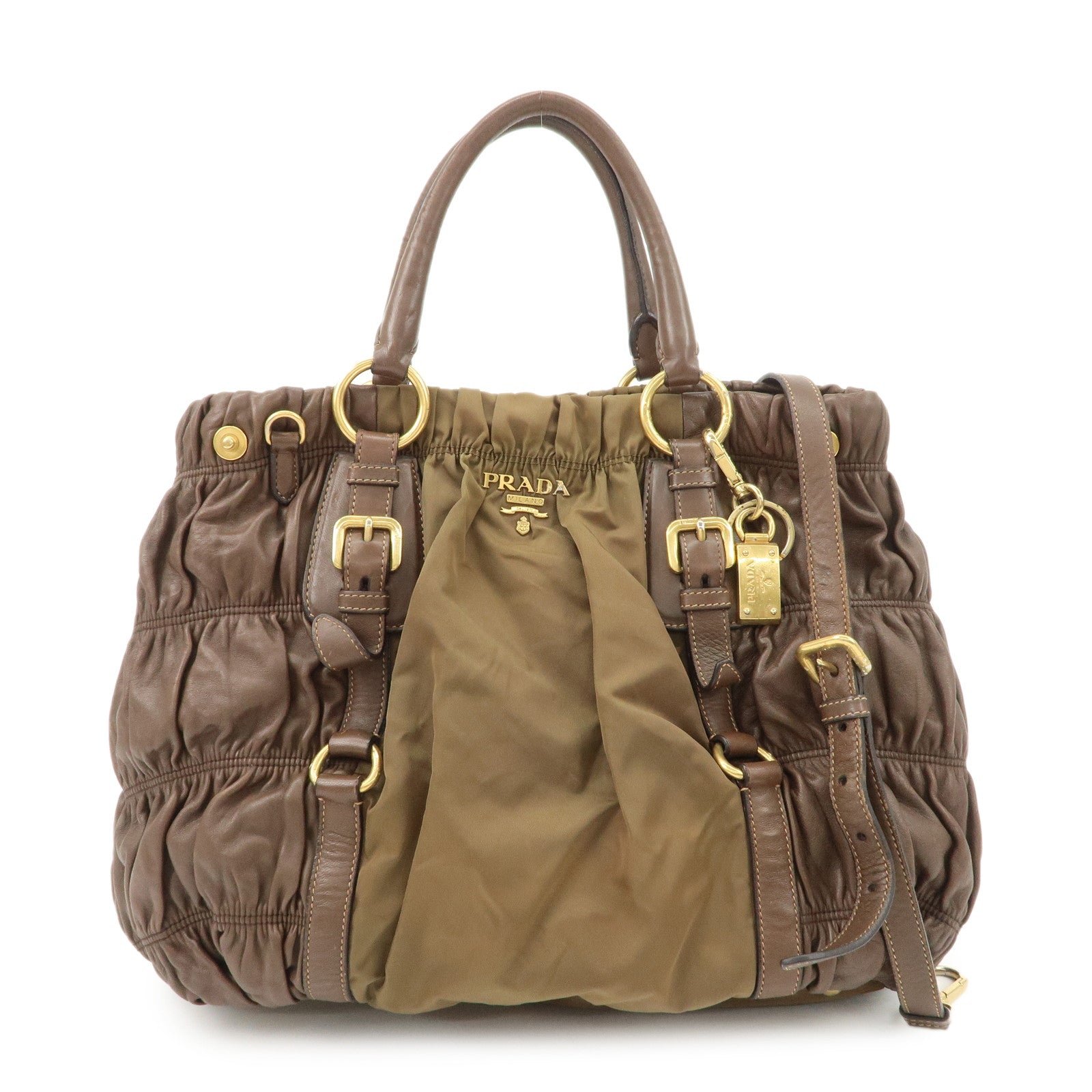 PRADA Nylon Leather 2WAY Bag Shoulder Bag Hand Bag Brown Khaki BN1793