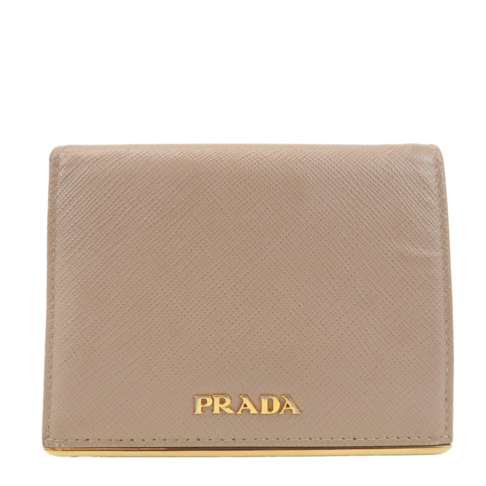 PRADA Logo Saffiano Leather Bi-Fold Small Wallet Beige 1MV204 Used