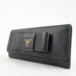 PRADA Saffiano Leather Flap Bi-Fold Long Wallet Black Gold 1MH132 Used - 图片 3