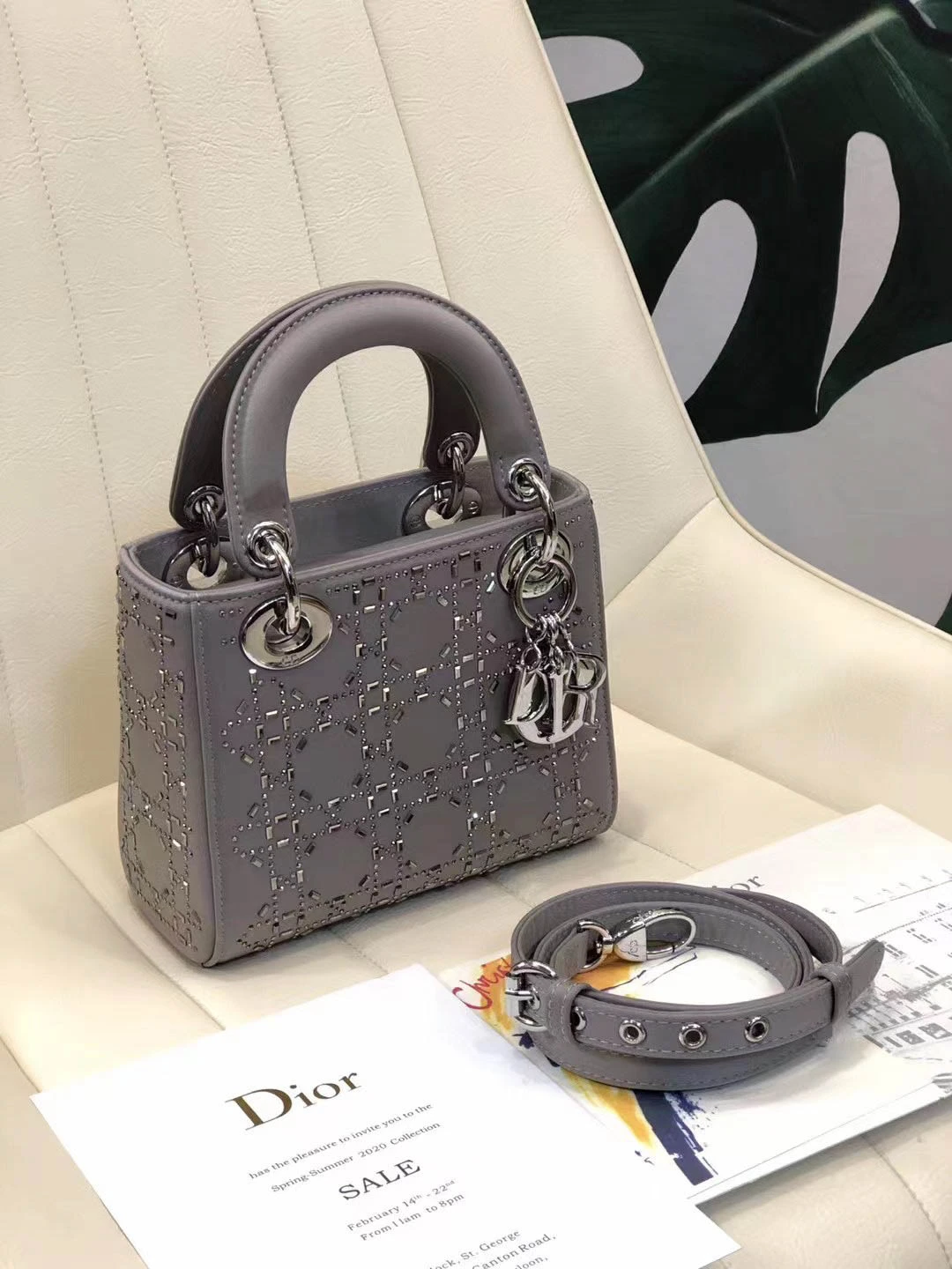 Grey leather shoulder strap with full original packaging